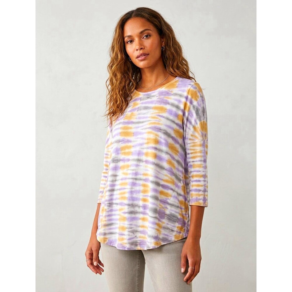 LOGO Lori Goldstein Womens Tie Dye Top SZ L Purple Mustard Soft Cotton Blend Tee